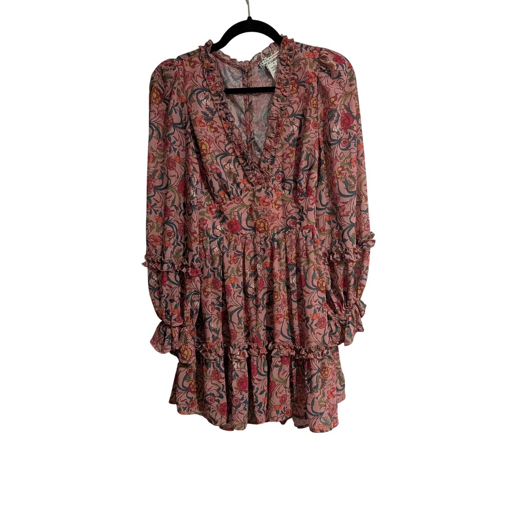 A. CALIN Mini Dress Womens Medium Pink Floral Ruffle Cutout Back AD1775
